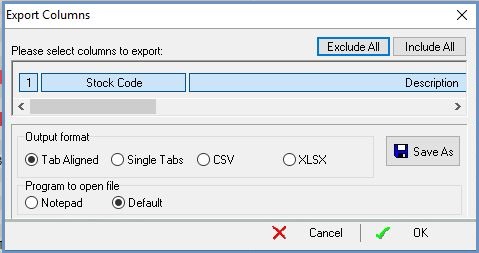 The 'Export Columns' dialog box showing how the horizontal scroll bar, which appears immediately below the column names, cam be used to gain access to all column names