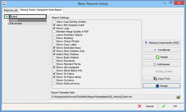 Basic Reports Setup dialog for the Picking Ticket report.