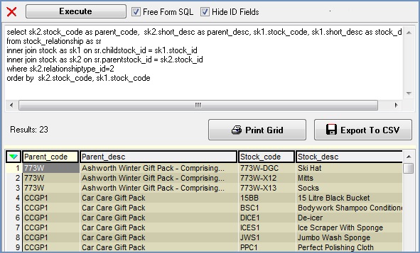The Data Query window's scripting area, showing a query, together with part of the results grid.