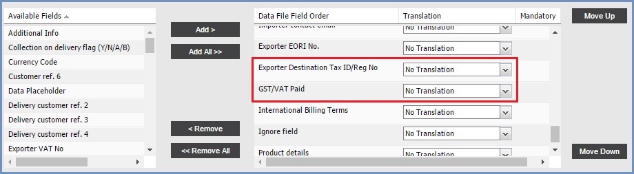 MyDPD Shipment file definition with required IOSS fields.