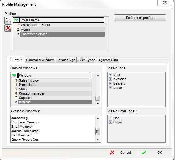 screenshots of typical settings that might be used for a Customer Service User