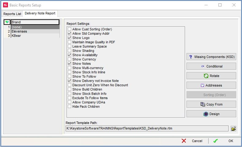 Basic Reports Setup dialog for the Delivery Notes report.