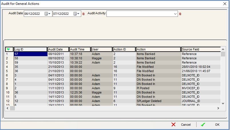 Audit for General Actions Dialog