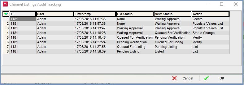 Channel Listings Audit Tracking Dialog