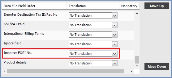 The new additional field Importer EORI No must be placed between the 'Ignore field' and 'Product details' lines