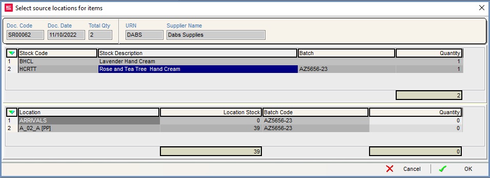 Select source locations for items' dialog with batches.