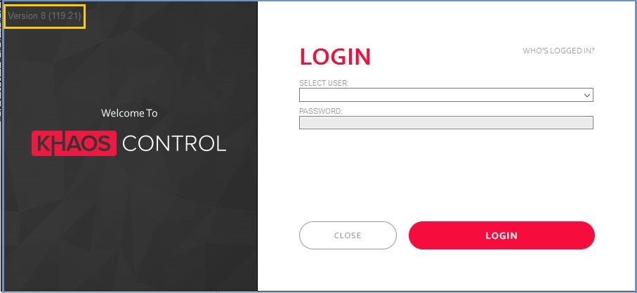 The Khaos Control login screen (also known as the 'splash' screen), showing who is logged-on.