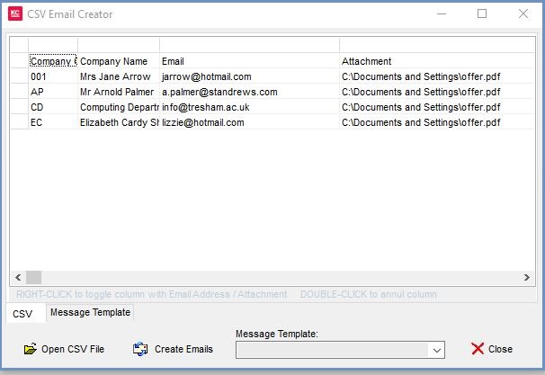 CSV Email Creator Dialog CSV screen