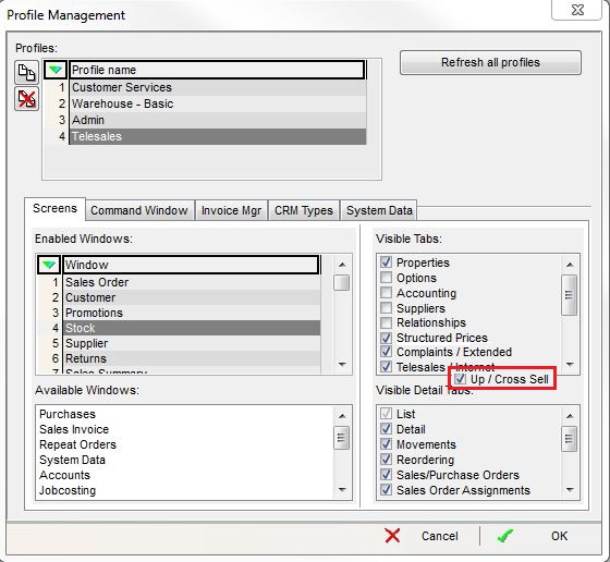 screenshot of typical settings that might be used for a telesales user