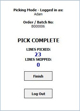 The Pick Complete screen when picking batches using HHT