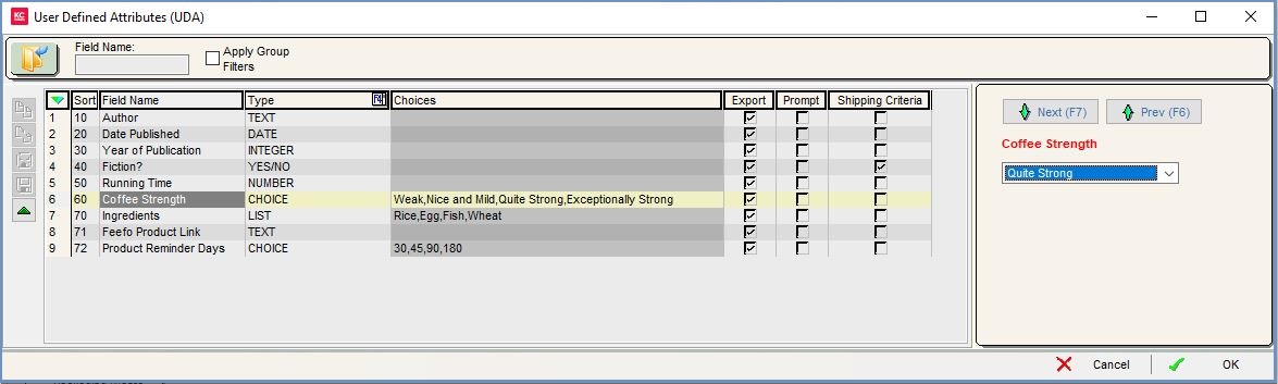 User Defined Attributes (UDA) Dialog