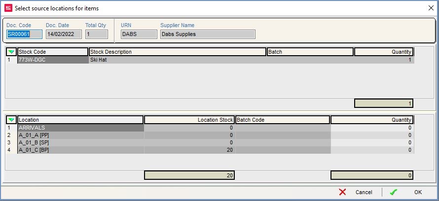 Assign Picking Location dialog for supplier returns