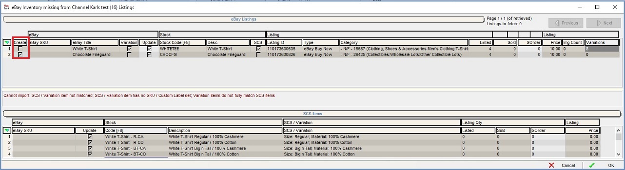 Channel listings eBay import current listings dialog