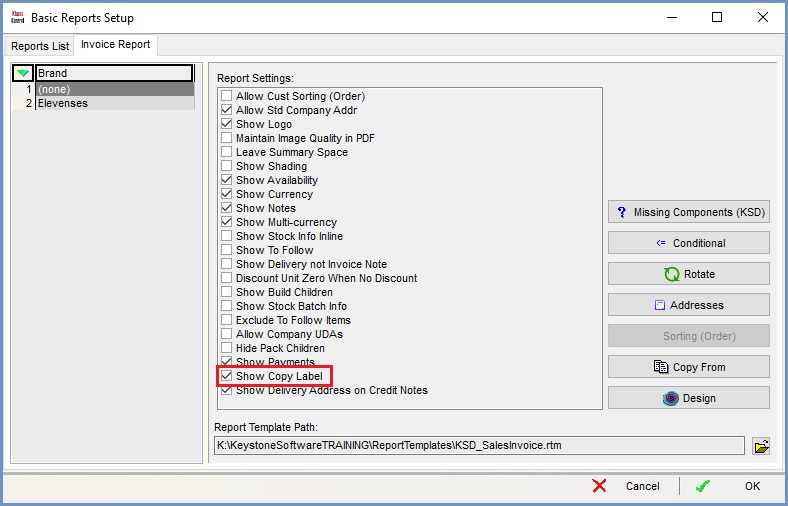'Show Copy Label' checkbox in the Report Settings area in Basic Reports.