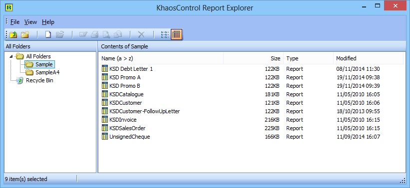 Khaos Control's Report Explorer dialog