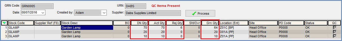 Add the Quantities and Locations when booking items into a warehouse that need manual QC