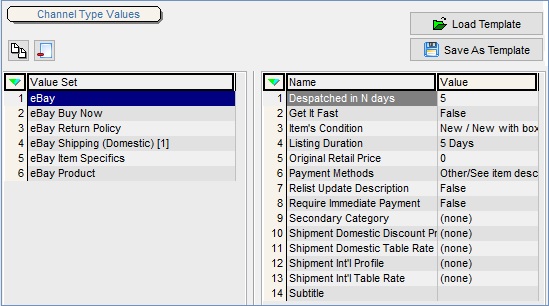 Channel Type Values grids