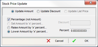 The Stock Price Update dialog determines how the prices are to be changed.