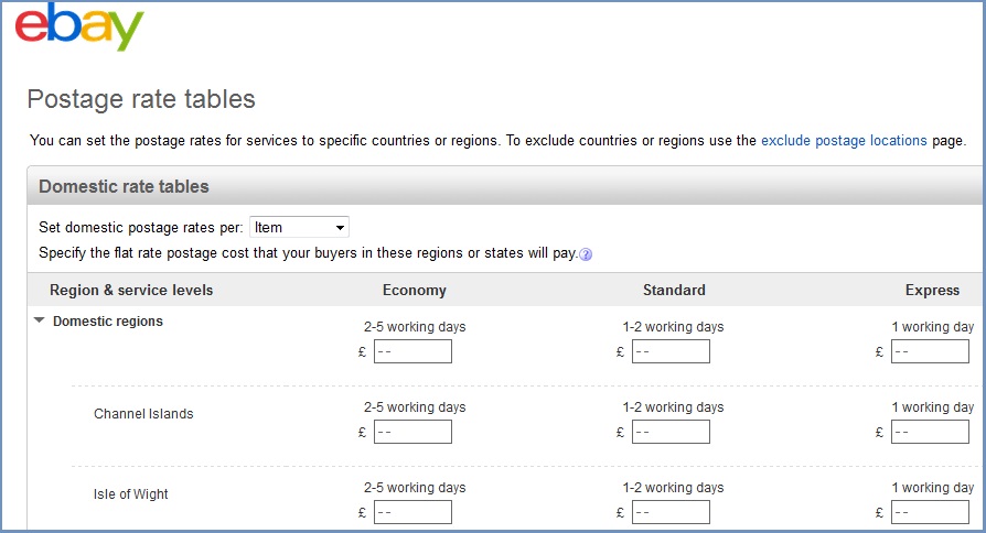 eBay defining postage rates table