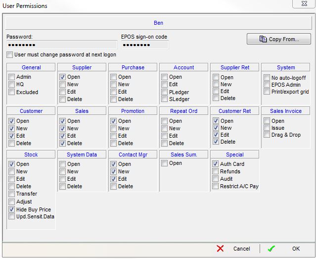 screenshot of typical settings that might be used for a Telesales User