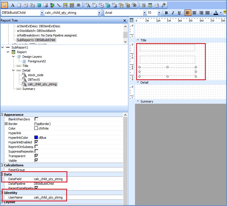 Configuring the child item DBText area in Basic Reports