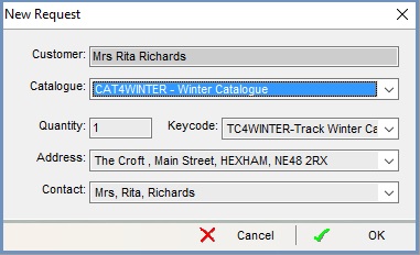 Catalogue Request dialog 1 - The default single-item Catalogue Request dialog allows users to select a single catalogue per customer.