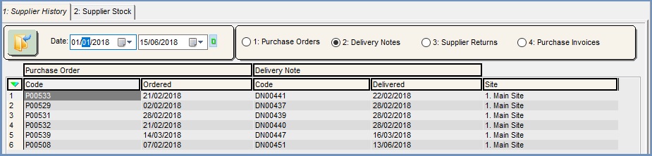 Supplier Summary Supplier History Tab - Delivery Notes