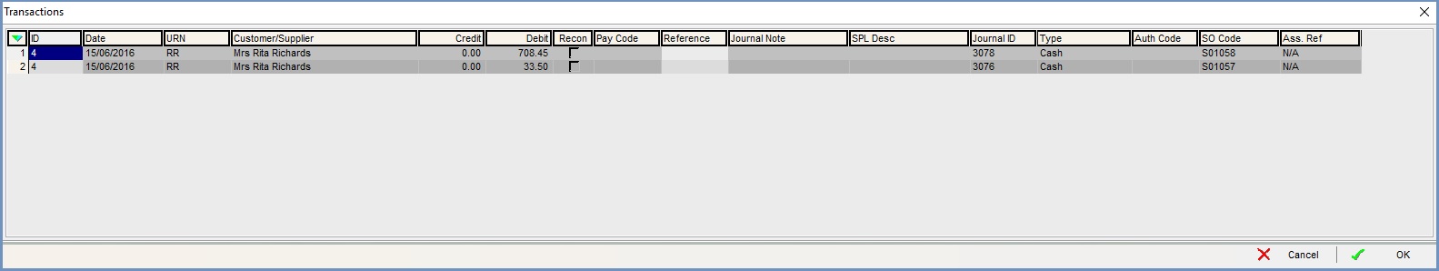 Accounts Transactions Dialog loaded from the bank account grid.