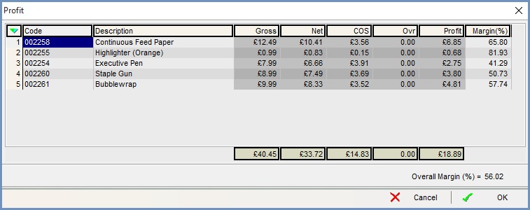 Profit dialog accessed from the sales order screen