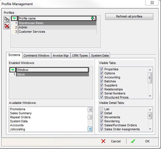 screenshots of typical settings that might be used for a Basic Warehouse User