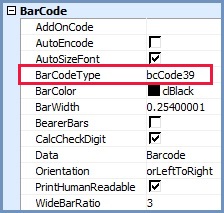 Setting the BarCodeType in the Object Inspector