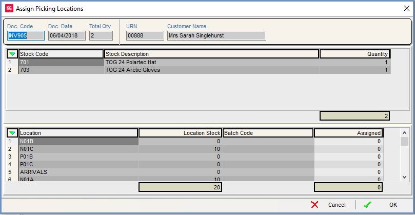 Assign Picking Location dialog for Sales Invoice Manager