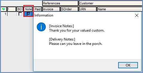 Sales Invoice Notes Checkbox Dialog.