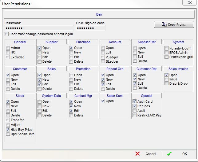 screenshot of typical settings that might be used for a Customer Service User