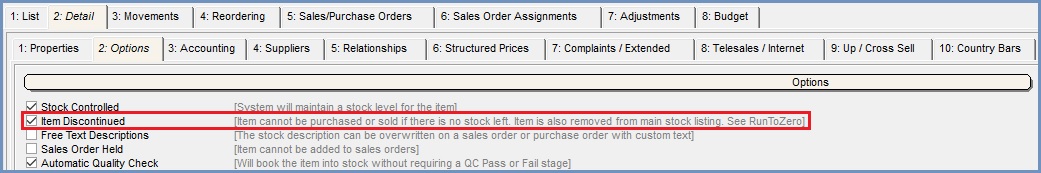 Item Discontinued Option, Stock Detail, Options Tab