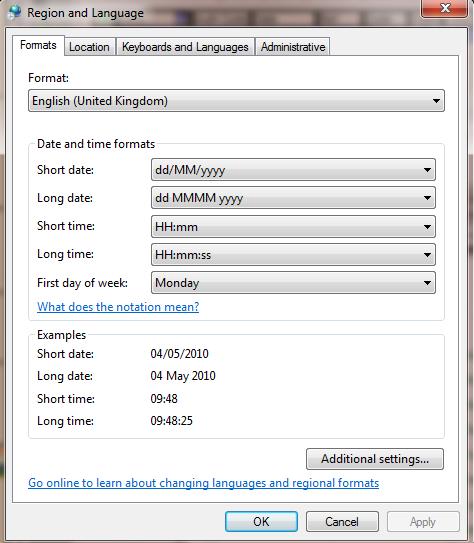 Microsoft Windows 7 Control Panel's Region and Language settings