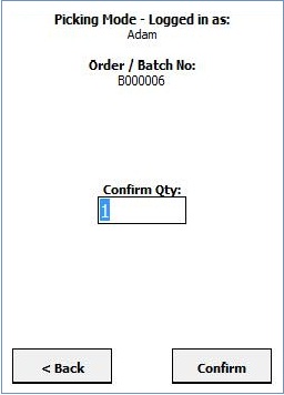 The confirm quantity screen when batch picking using HHT