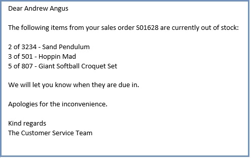 Resulting email for out of stock items example