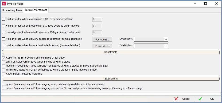Invoice Rules Dialog Terms Enforcement tab showing options to pick