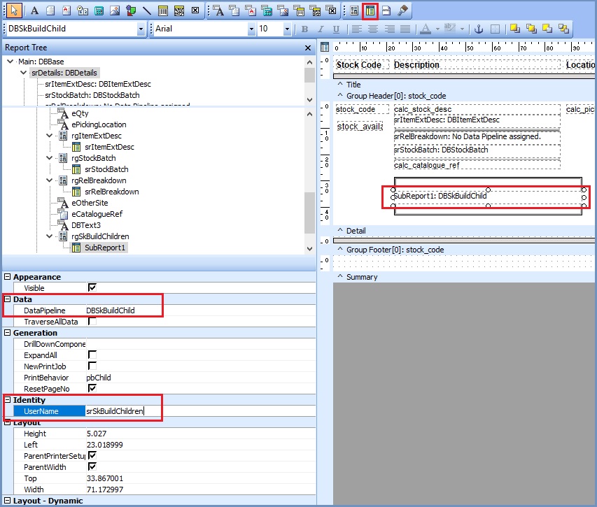 Configuring the child item Region area adding a Subreport in Basic Reports