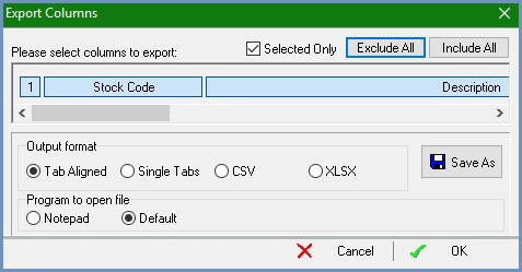 Export columns dialog from the Grid Menu
