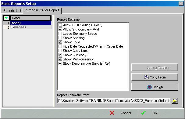 Basic Reports Setup dialog for the Purchase Order report.