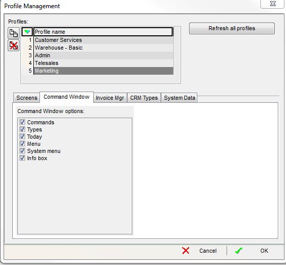 screenshot of typical settings that might be used for a Marketing User