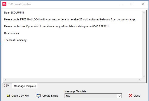 CSV Email Creator Dialog Template screen