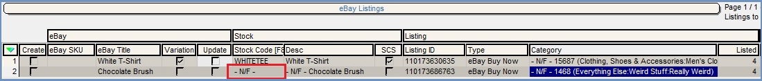 Screenshot of eBay import current listings dialog where stock code not found