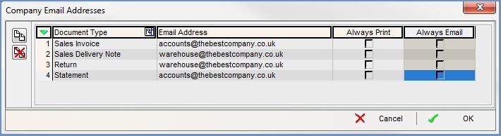the 'Company Email Addresses' dialog box re customers